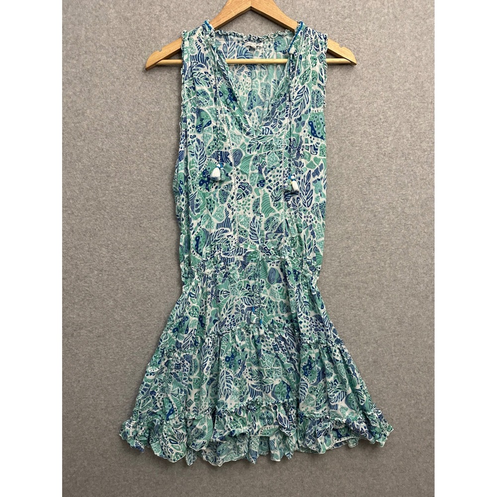 Poupette St Barth Mini Dress Womens L Blue Green Tropical Tassel Boho Resort
